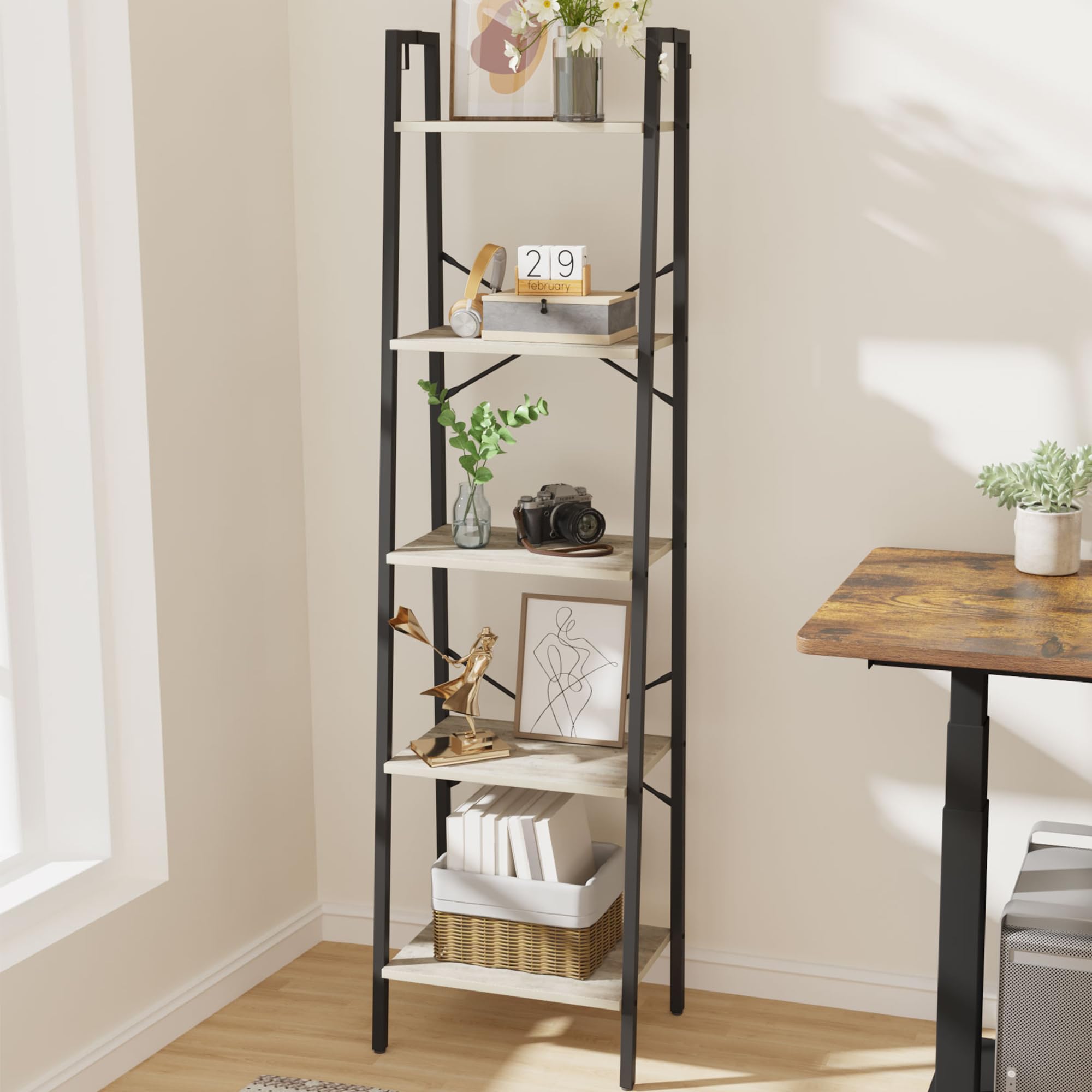 Hzuaneri Ladder Shelf, Bookshelf Bookcase, Freestanding Corner Storage Shelve With 2 Hooks For Home Office, Living Room, Kitchen, Bedroom, Industrial, 5-Tier Greige Bc19205B