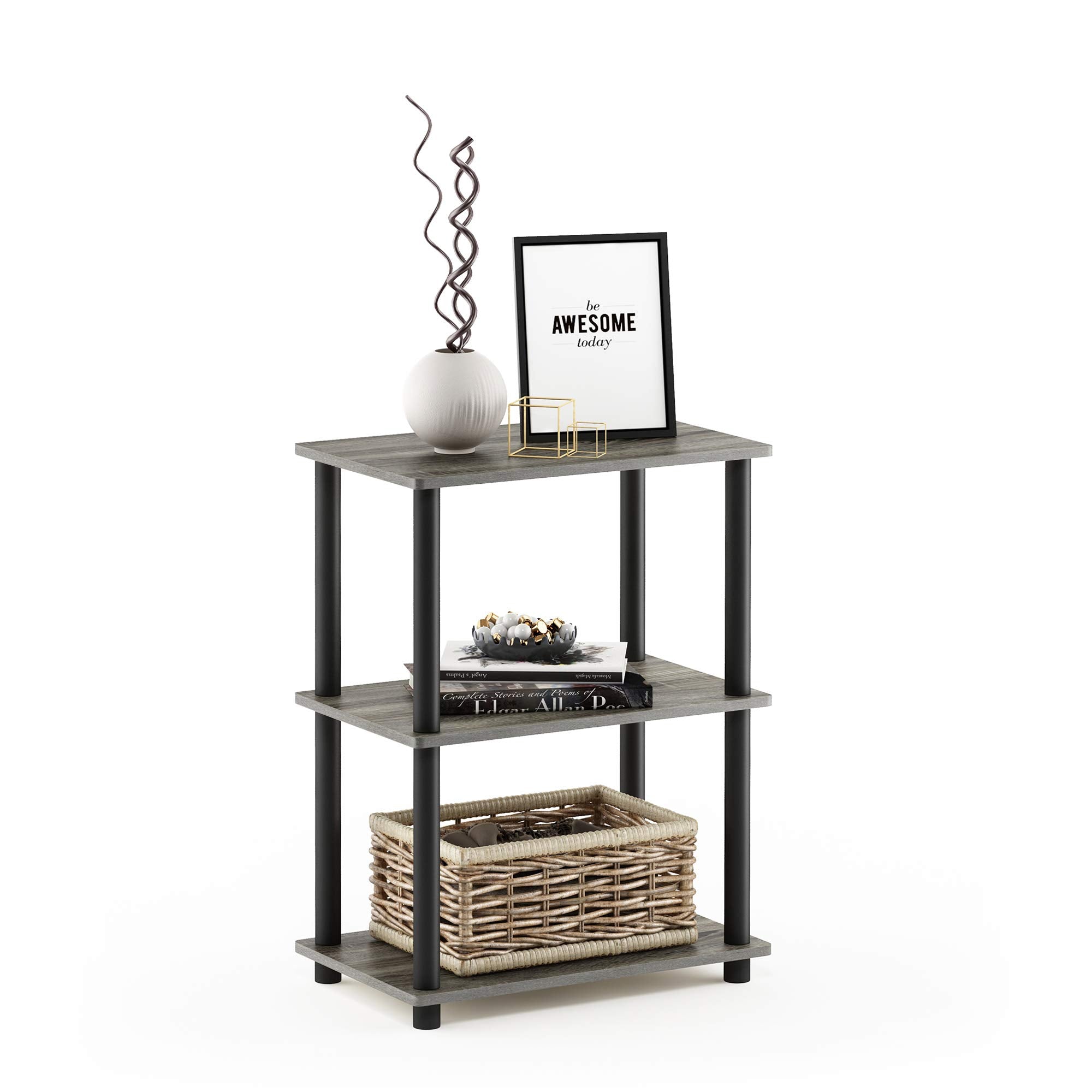 Furinno Turn-N-Tube No Tool 3-Tier Storage Shelf, Narrow, French Oak Grey/Black