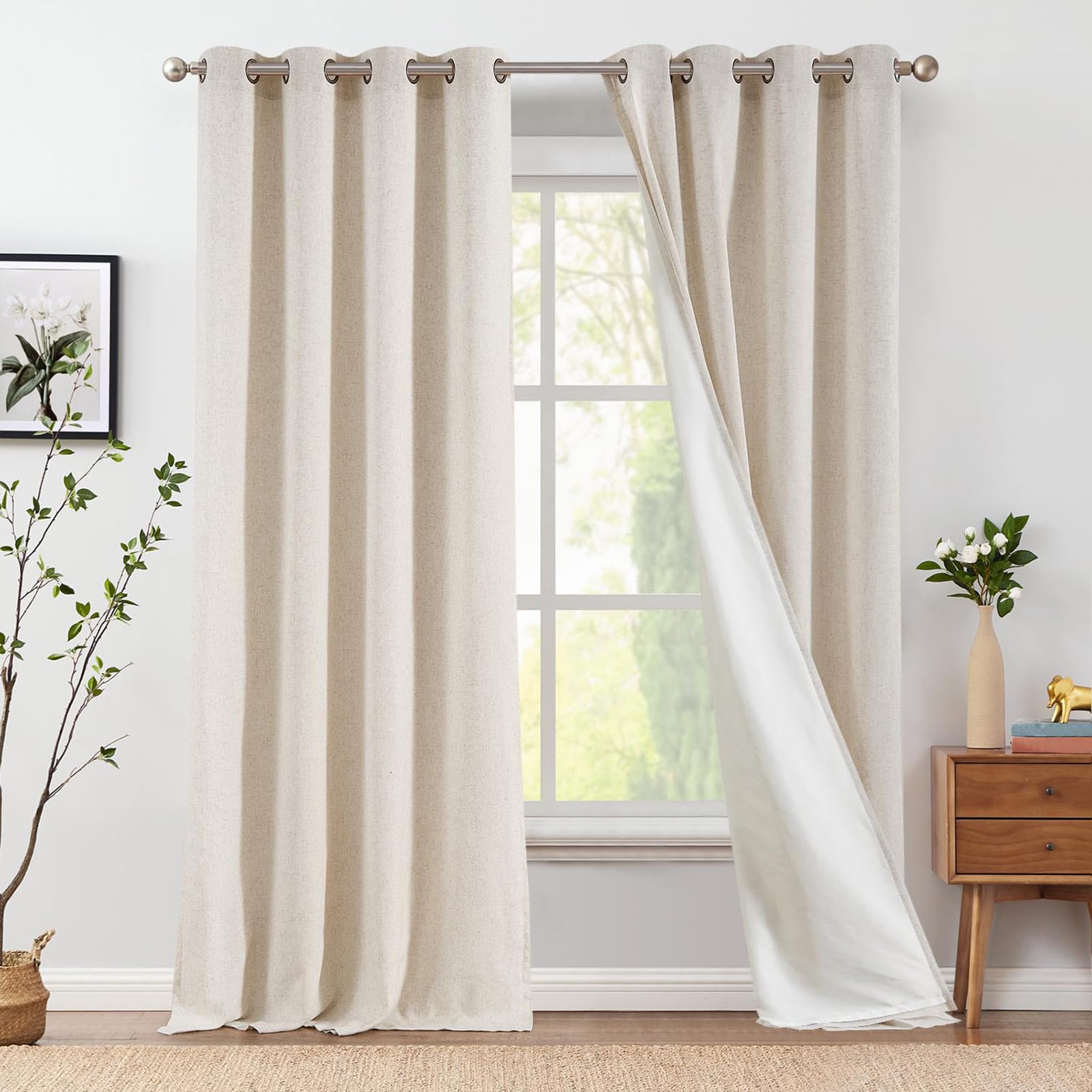 Jinchan Linen Beige Curtains 96 Inch Long For Living Room Bedroom Farmhouse Grommet Top Light Filtering Window Drapes Lined Curt