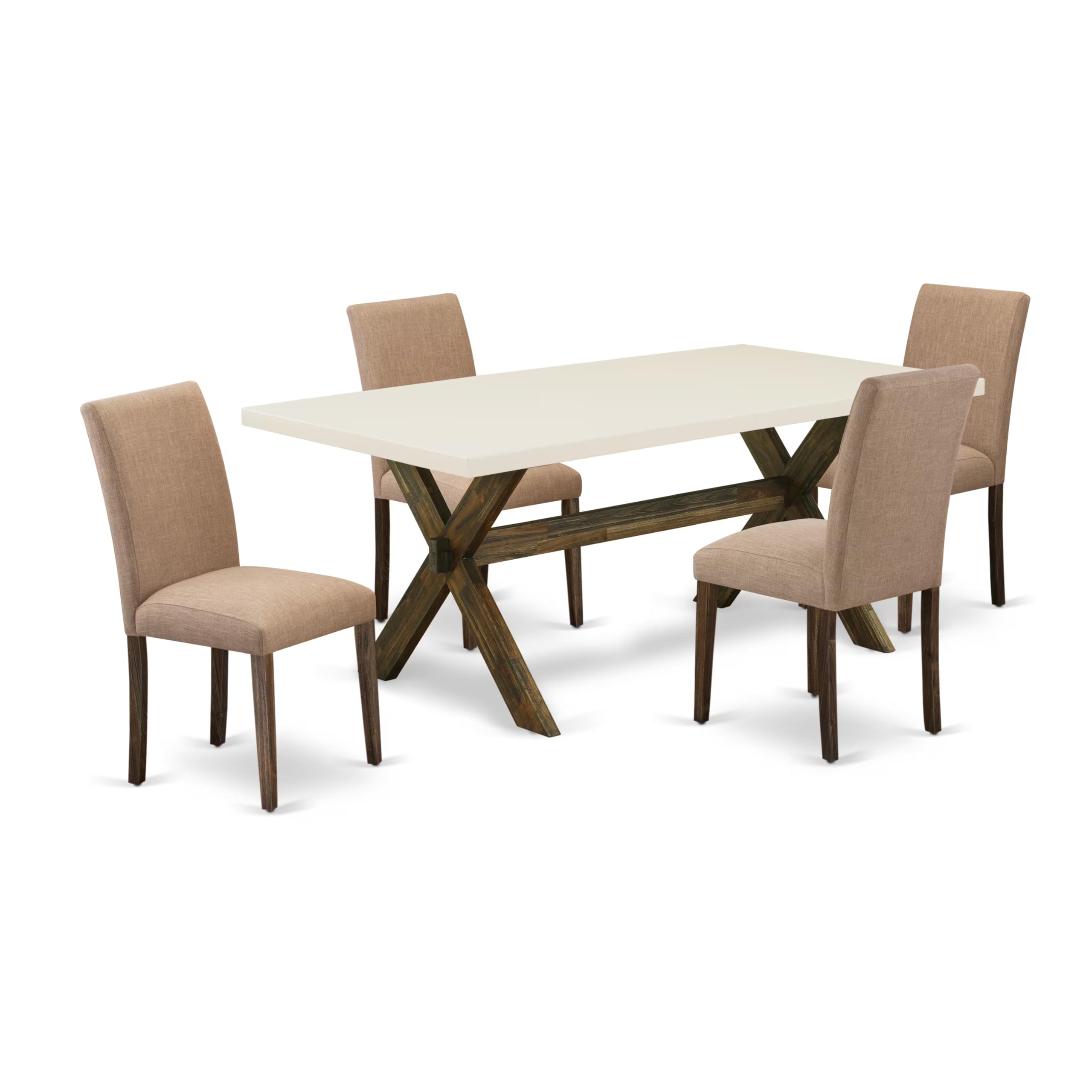 East West Furniture X727Ab747-5 5 Piece Dining Set Includes A Rectangle Dining Room Table With X-Legs And 4 Light Sable Linen Fabric Upholstered Parson Chairs, 40X72 Inch, Multi-Color