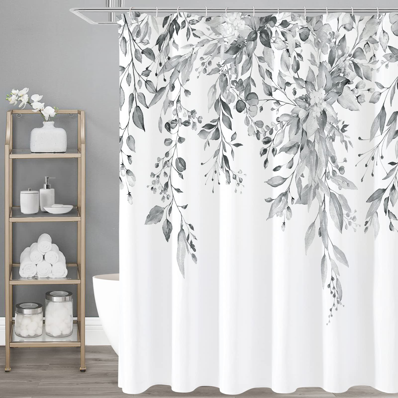 Gibelle Long Shower Curtain 72 x 78, Grey Floral Shower Curtain for Bathroom, Watercolor Plant Eucalyptus Leaves Fabric Shower C