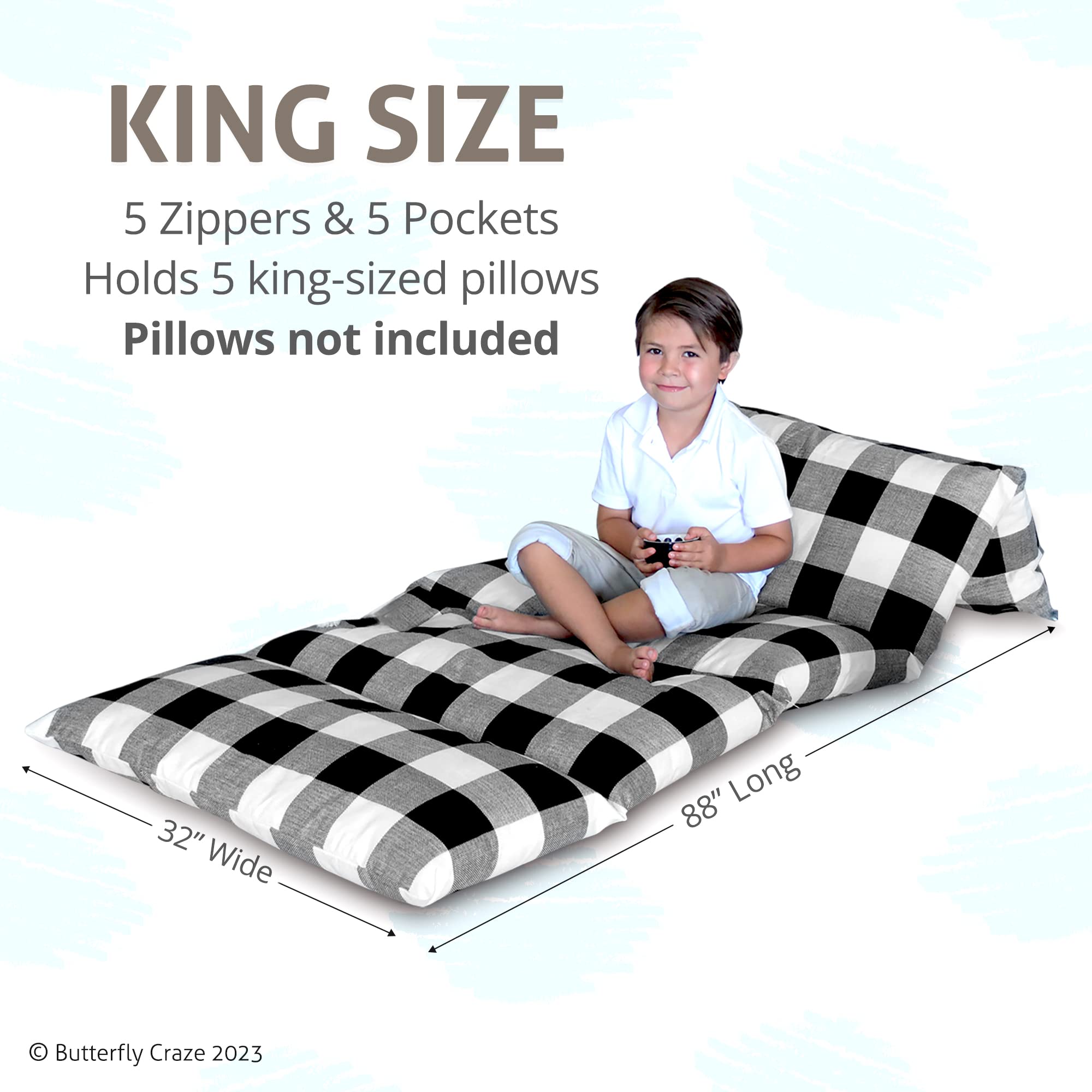 Butterfly Craze Floor Pillow Case, Mattress Bed Lounger Cover, Black/White, King Size - Cozy Seating Solution For Kids & Adults,