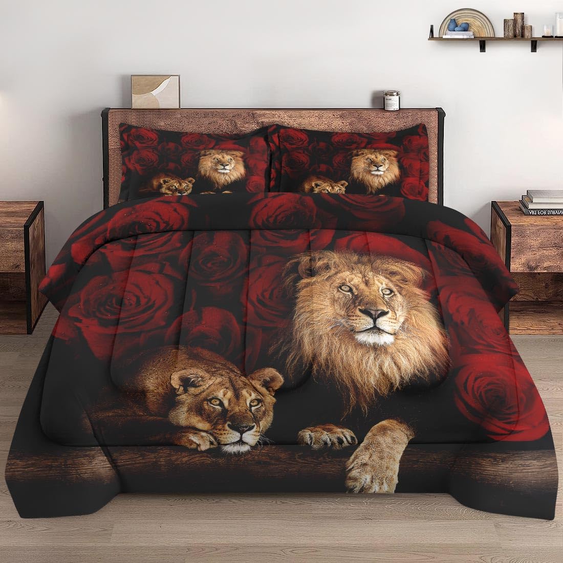 Wecozy Full Size Comforter Set With 2 Pillowcases, Family Pride King Animal Lion Soft 3 Pcs Bedding For Kids And Adults Bedroom