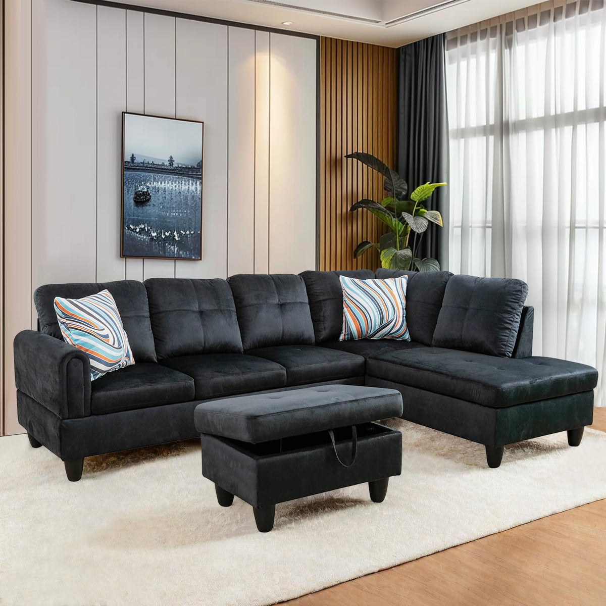 Glasflength L Shaped Sectional Sofa With Ottoman, Modern Couches For Living Room, Microfiber Facing, Bedroom, Office