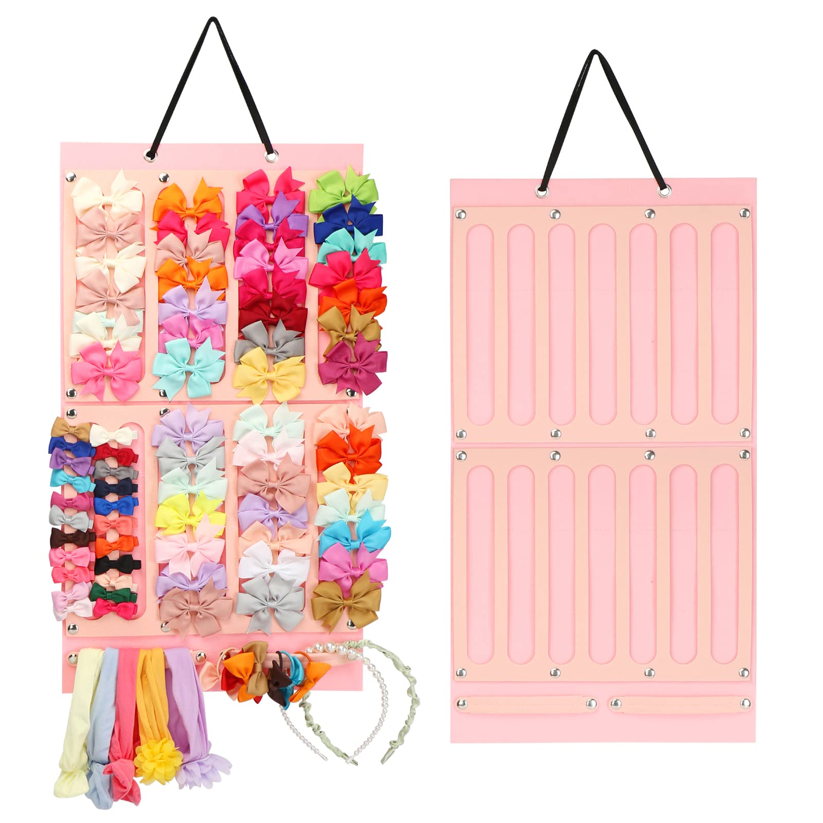 Hair Bows Holder W/Large Capacity, Hair Clips Storage Hanger W/ 16 Ribbons, Hair Bows Organizer, Baby Accessory Display W/Sturdy Rope, Wall Hanging For Girl Room, Nursery Decors