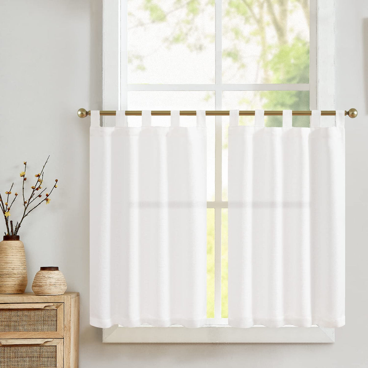 Jinchan White Kitchen Curtains 36 Inch Linen Textured Tier Curtains Tab Top Cafe Curtains Farmhouse Short Small Window Curtains