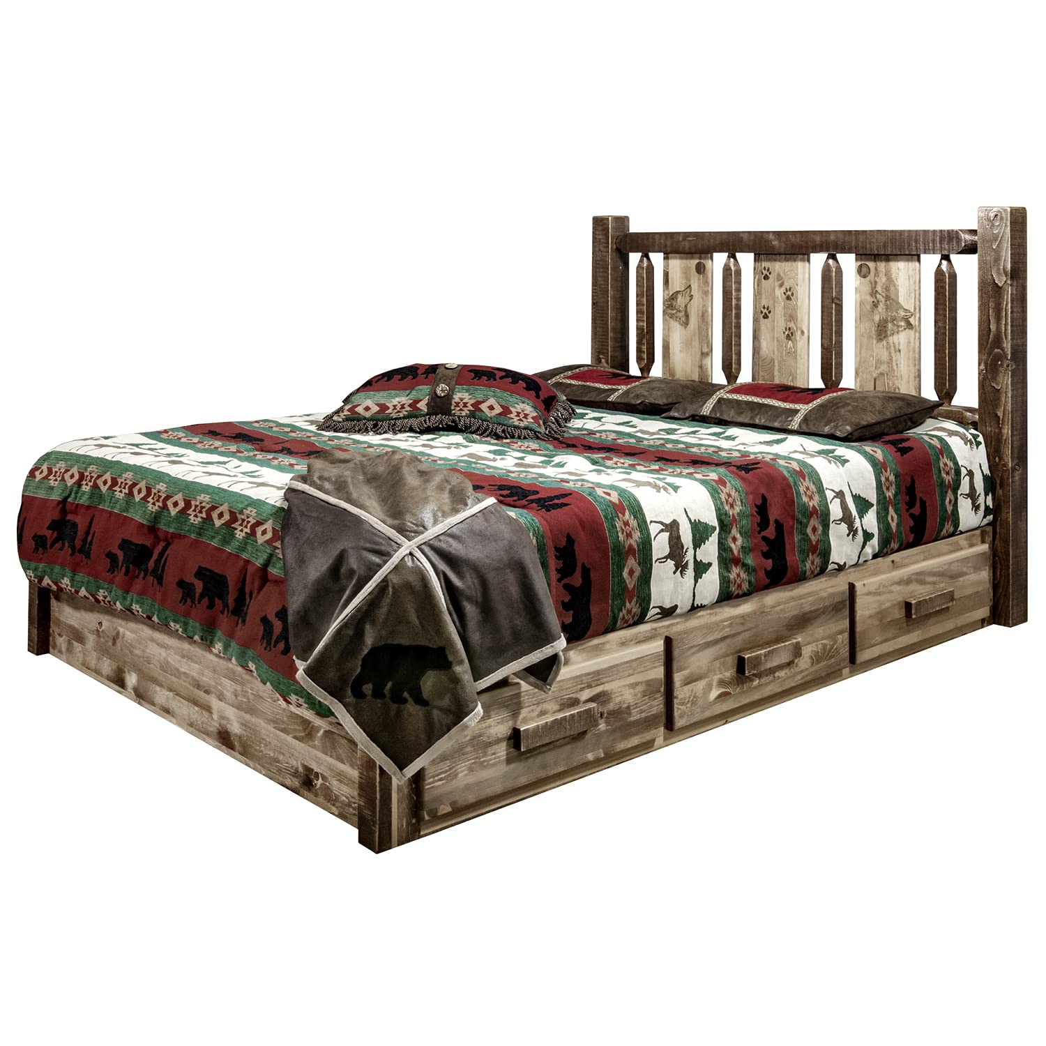 Montana Woodworks Homestead Collection Platform Bed w/Storage, Queen w/Laser Engraved Wolf Design, Stain & Clear Lacquer Finish