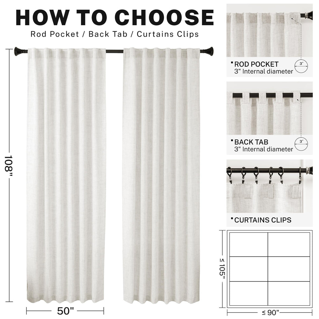 Meetbily Ivory Linen Curtains 108 Inches Long For Living Room 2 Panel Set Cream White Back Tab Semi Sheer Linen Drapes Neutral F