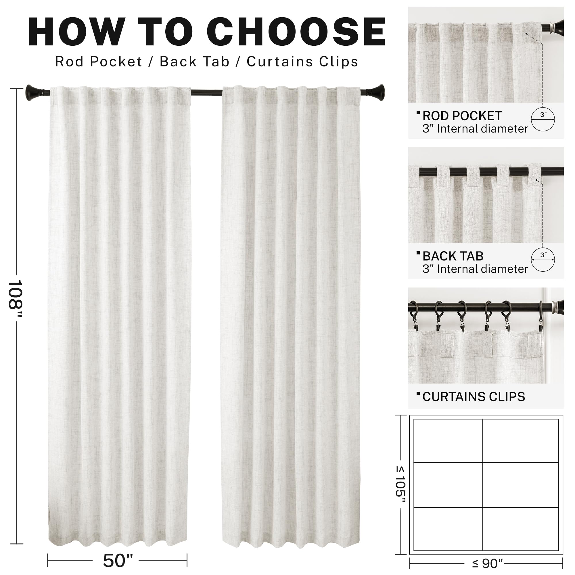 Meetbily Ivory Linen Curtains 108 Inches Long For Living Room 2 Panel Set Cream White Back Tab Semi Sheer Linen Drapes Neutral F