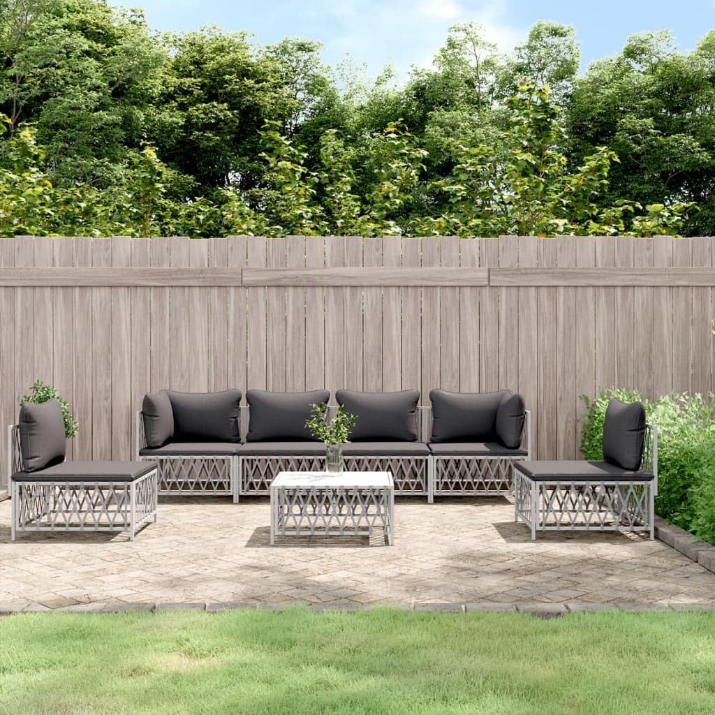 vidaXL 7-Piece White Patio Lounge Set with Cushions - Durable Woven Fabric and Powder-Coated Steel - Modular Outdoor Sofa Set - Complete Set for Outdoor Space