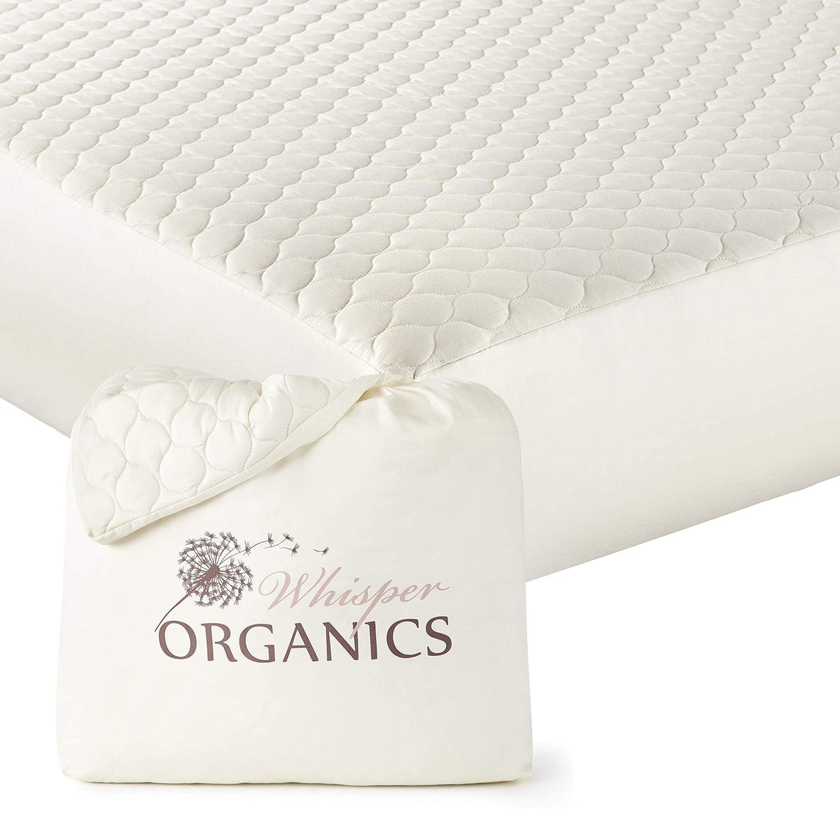 Whisper Organics, 100% Organic Cotton Mattress Protector - Breathable Cooling Quilted Fitted Mattress Pad Cover, Gots Certified-