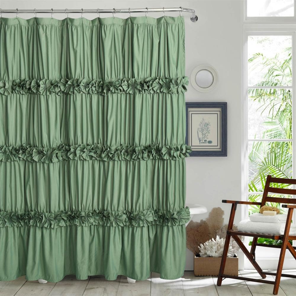 Homechoice Decor Light Green Ruffle Shower Curtain, Vintage Handcrafted Bow Tie Bath Curtain For Master Bathroom, Ruched Microfi