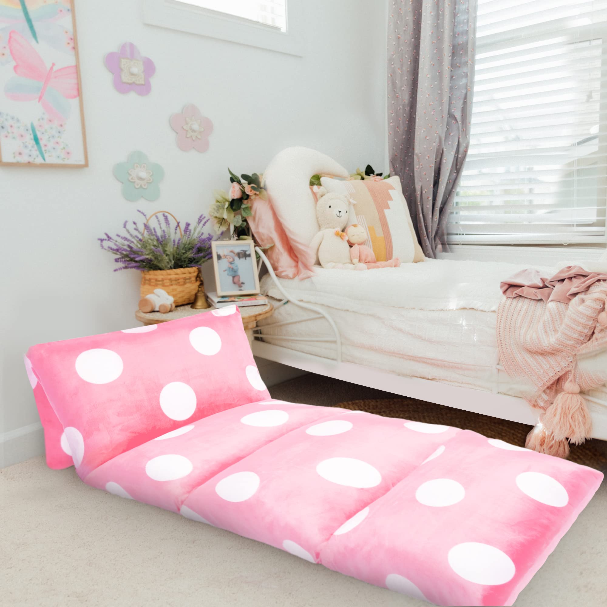 Butterfly Craze Floor Pillow Case, Mattress Bed Lounger Cover, Polka Pink, Queen Size - Cozy Seating Solution For Kids & Adults,