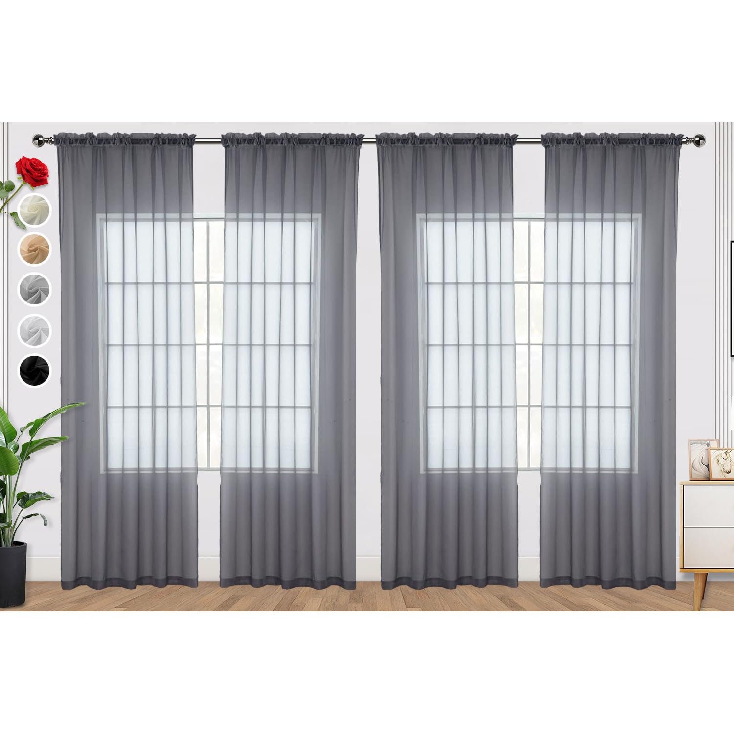 Spacedresser Grey Sheer Curtains 4 Panels Rod Pocket Semi-Sheer Curtain 63 Inches Long Light Filtering Voile Window Drapes For B