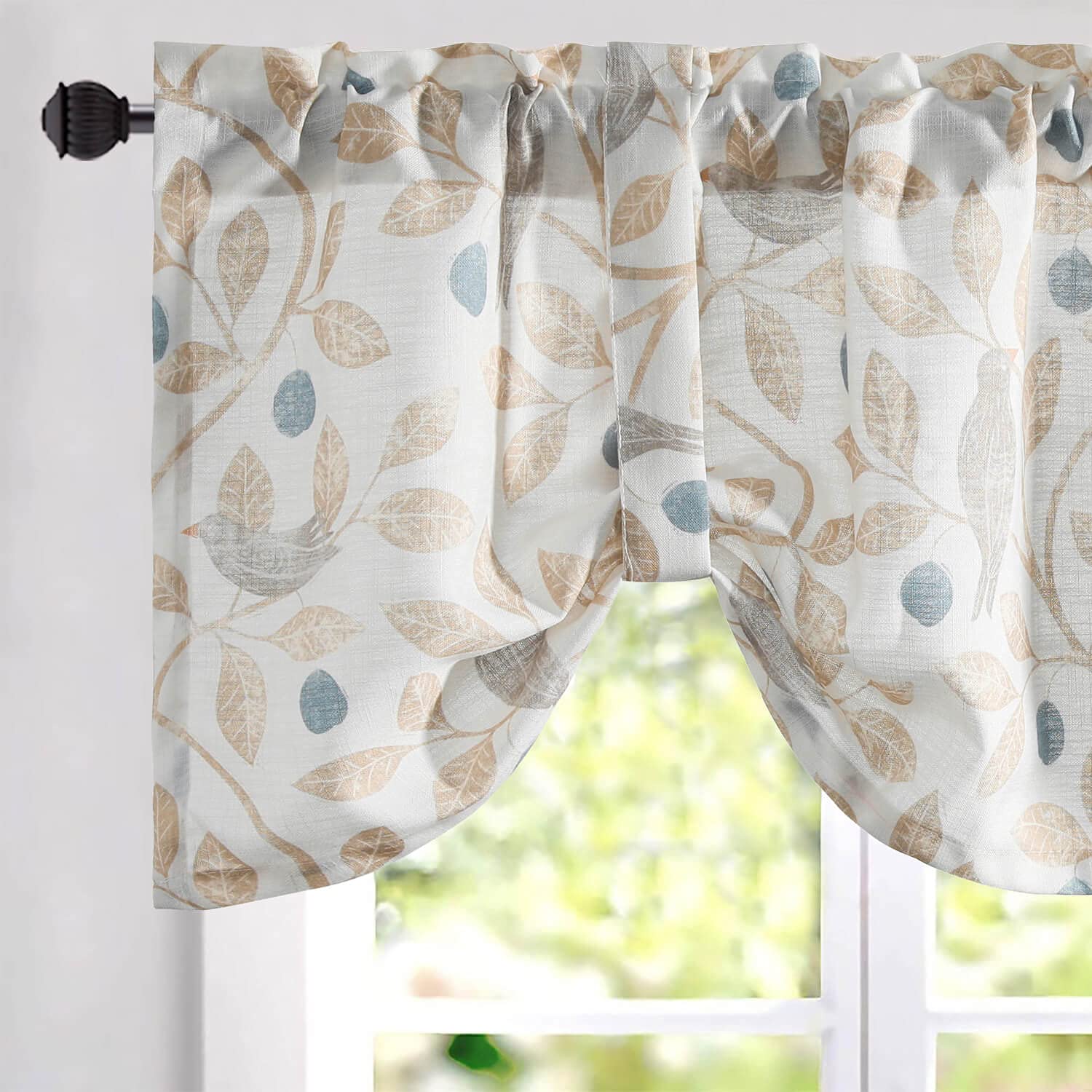 VOGOL Tie-up Valance 18 Inches Long Curtains for Kitchen Small Cafe, Birds and Leaf Print Valances Top Pocket Window Drapes for 