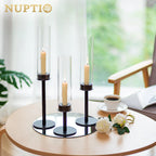 Nuptio Hurricane Glass Candle Holders: 6 Pcs Black Metal Candlestick Tapered Holder With Clear Chimney Covers Bottomless Tall Mo