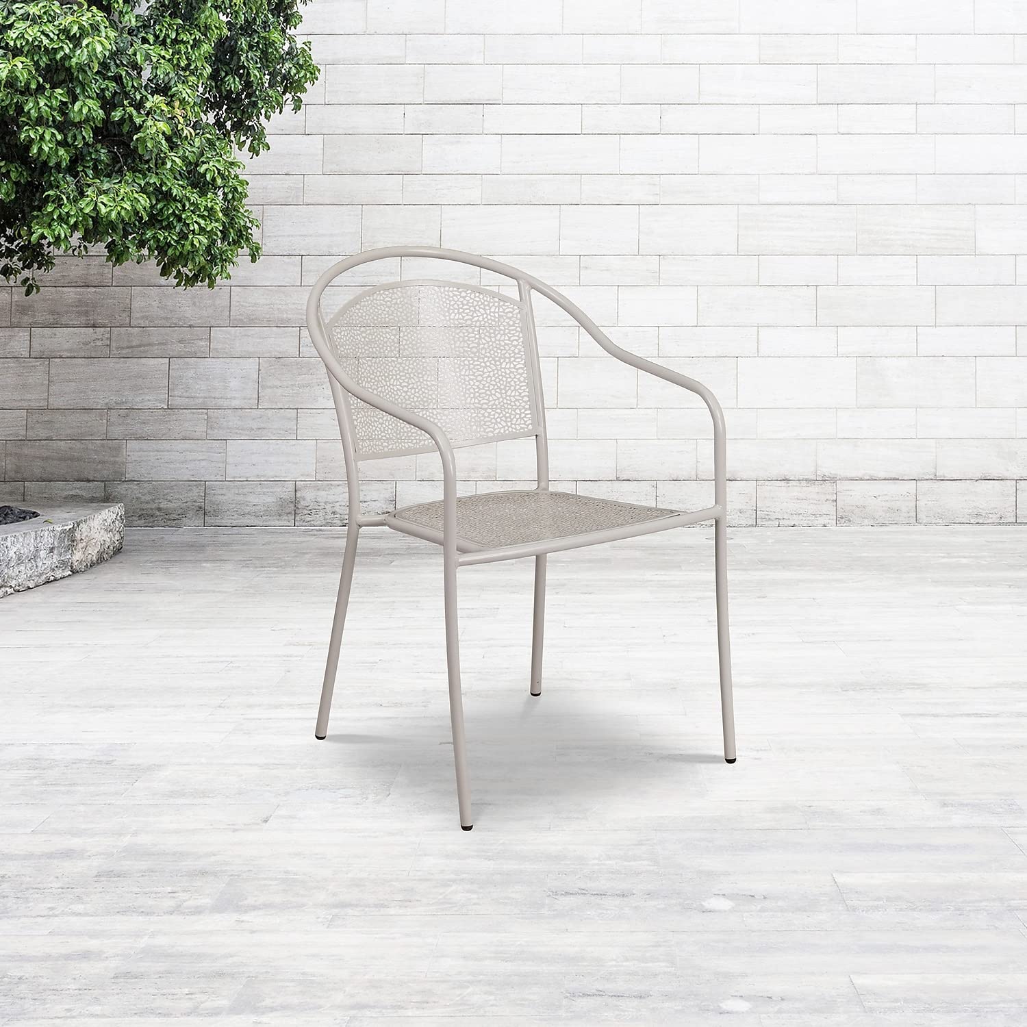 Flash Furniture Commercial Grade Light Gray Indoor-Outdoor Steel Patio Arm Chair with Round Back