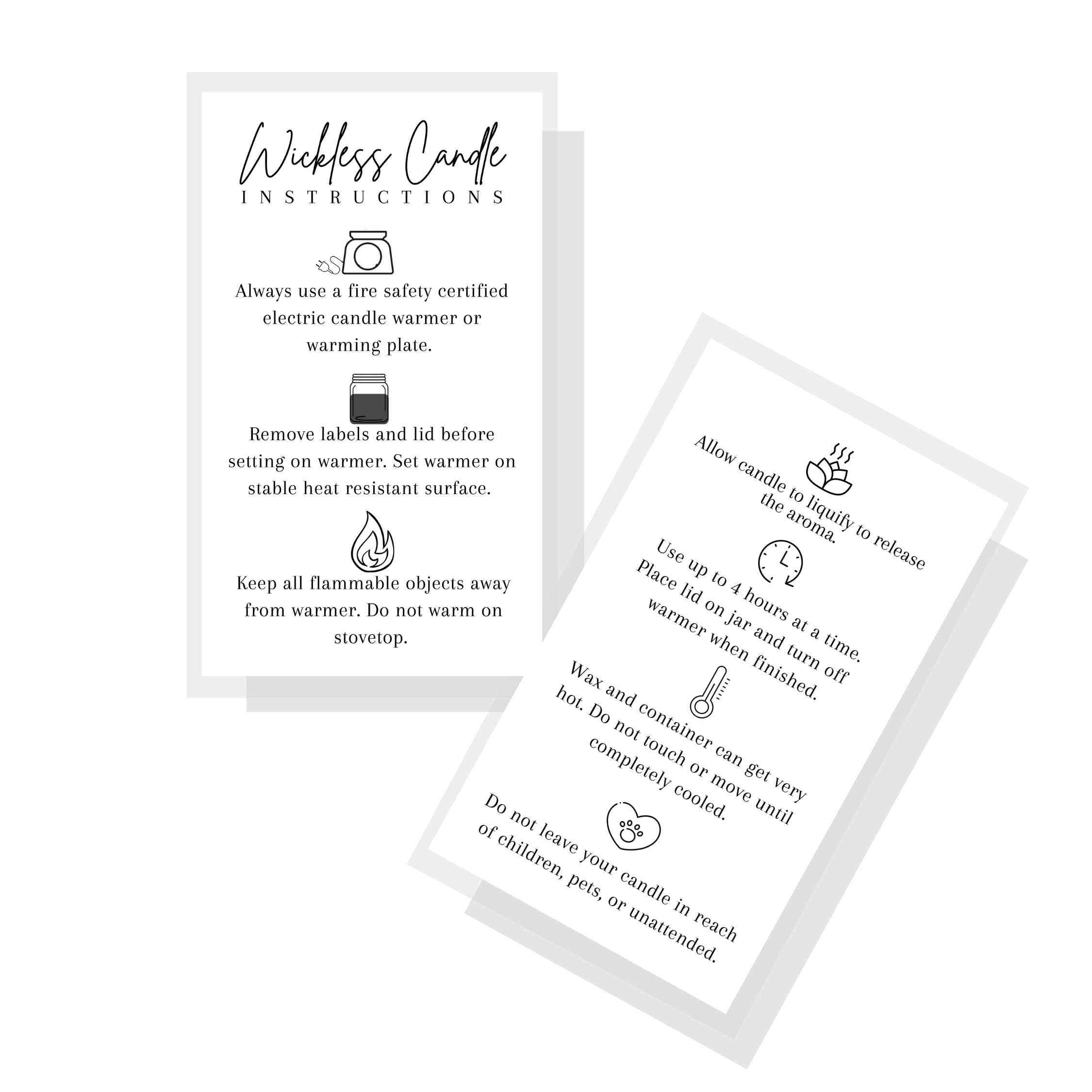 Wickless Candle Care Instruction Card For Clients| Physical Printed 2' X 3.5' Inches Business Card Size | Minimalist White Wit