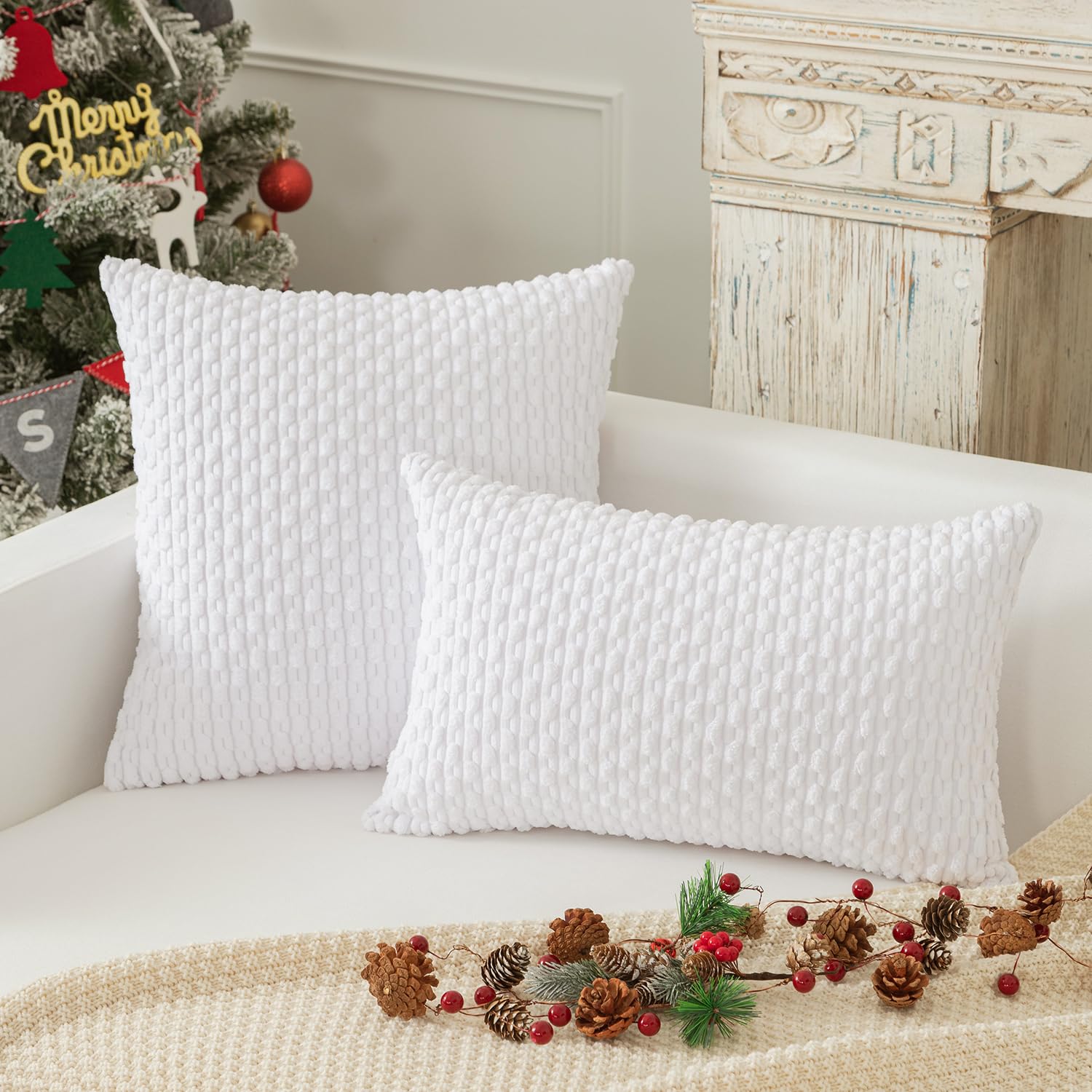 Kevin Textile Pack Of 2 Corduroy Decorative Throw Pillow Covers 22X22 Inch Soft Boho Striped Christmas Pillow Covers Modern Farmhouse Home Decor For Spring Sofa Living Room Couch Bed Pure White