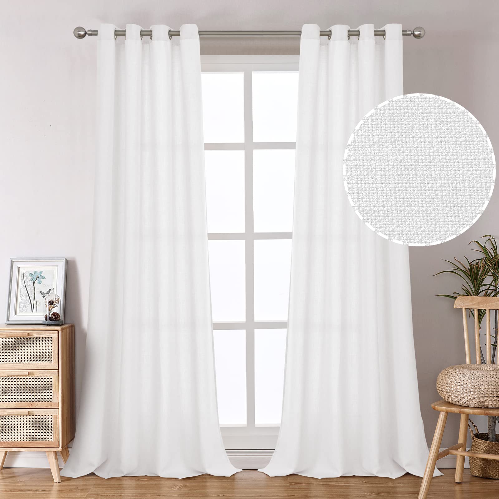 Bgment Natural Faux Linen Curtains For Bedroom, Grommet Thick Linen Semi Sheer Drapes Light Filtering Privacy Window Treatments Curtains For Living Room, Set Of 2 Panels, 52 X 120 Inch, Off White