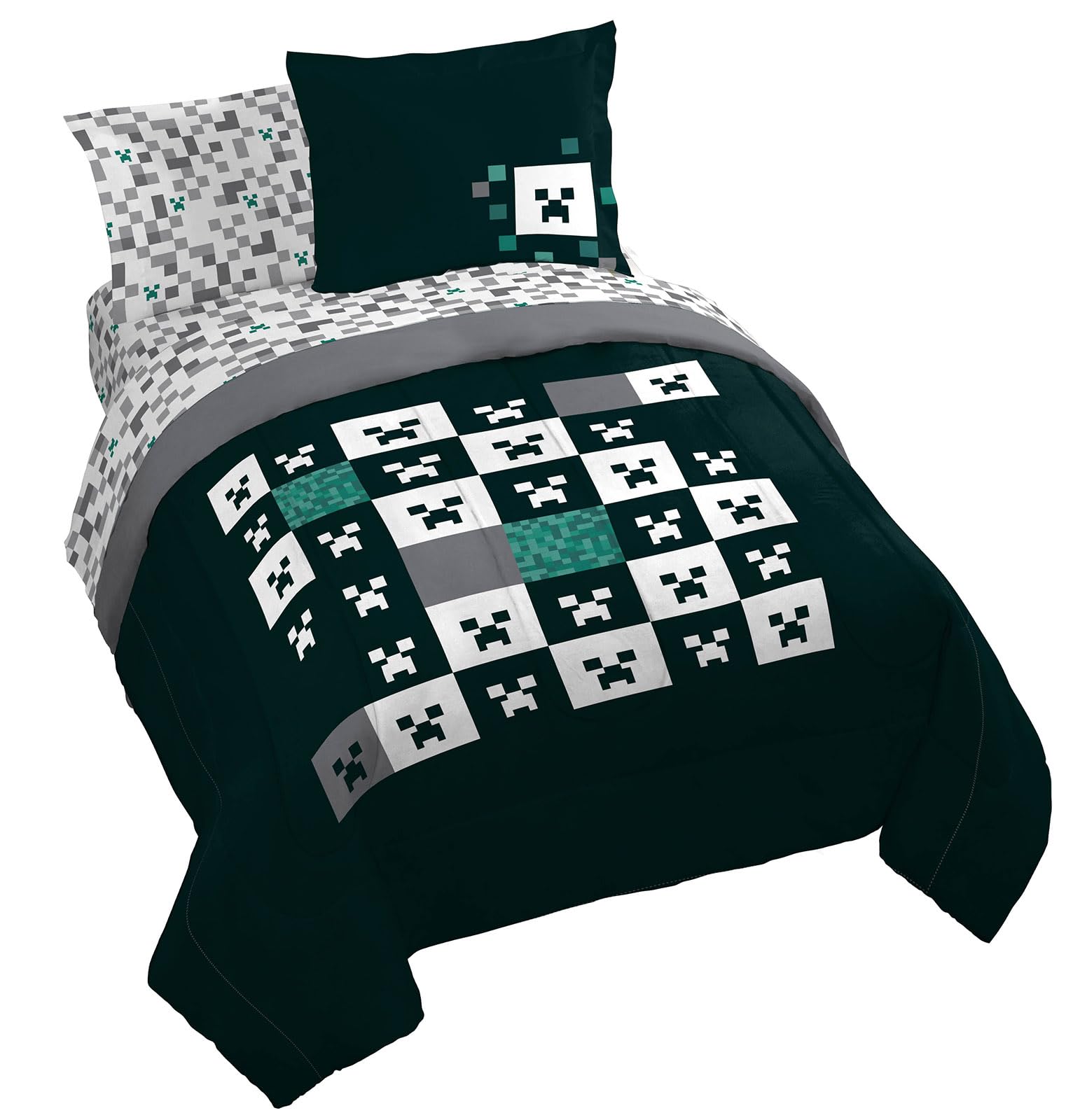 Jay Franco Minecraft Creeper Queen Comforter Set - 7 Piece Gamer Bedding Includes Sheet Set & Pillow Covers - Super Soft Checker