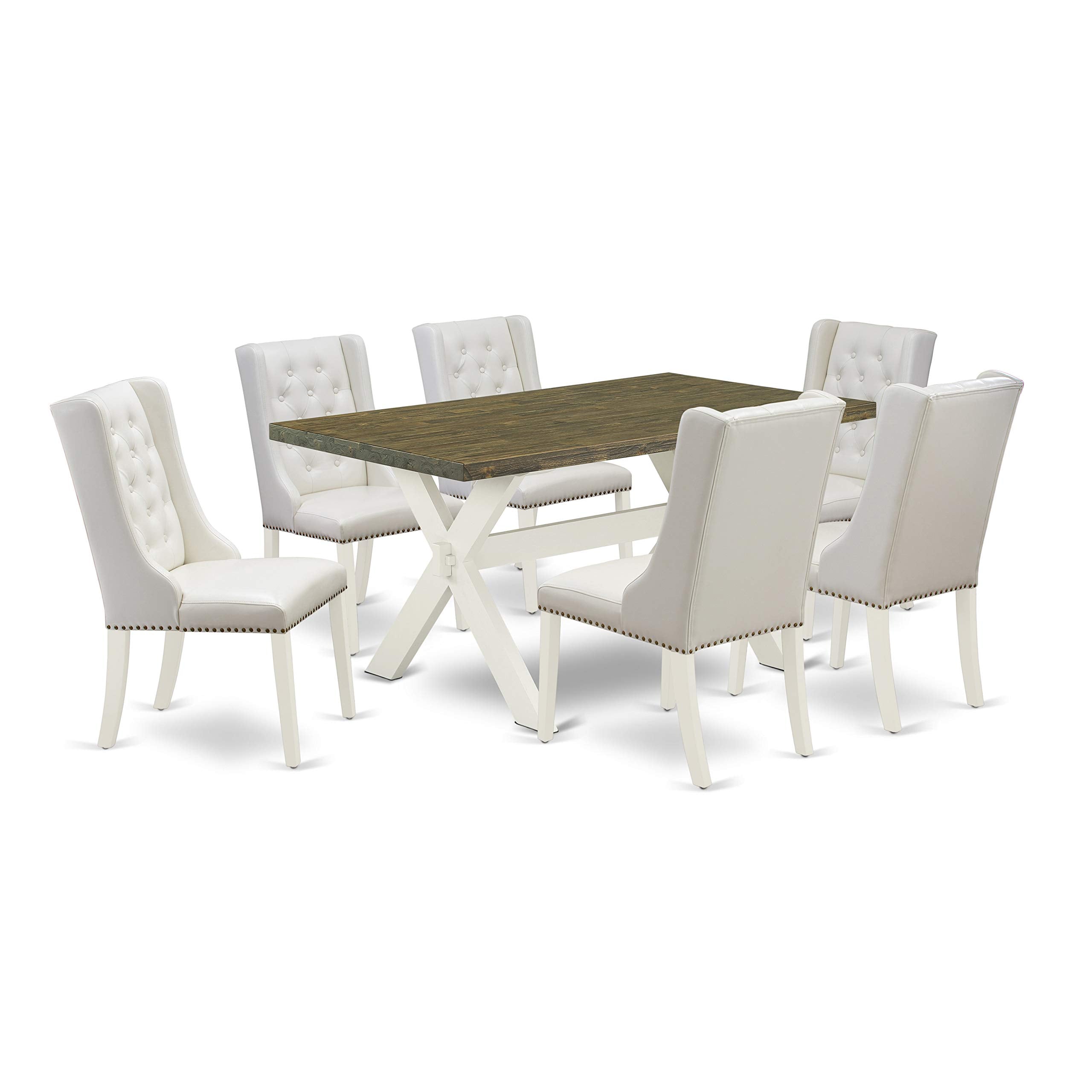 East West Furniture X-Style 7 Piece Set Consist of a Rectangle Dining Room Table with X-Legs and 6 Light Grey Faux Leather Parsons Chairs, 36x60 Inch, X076FO244-7