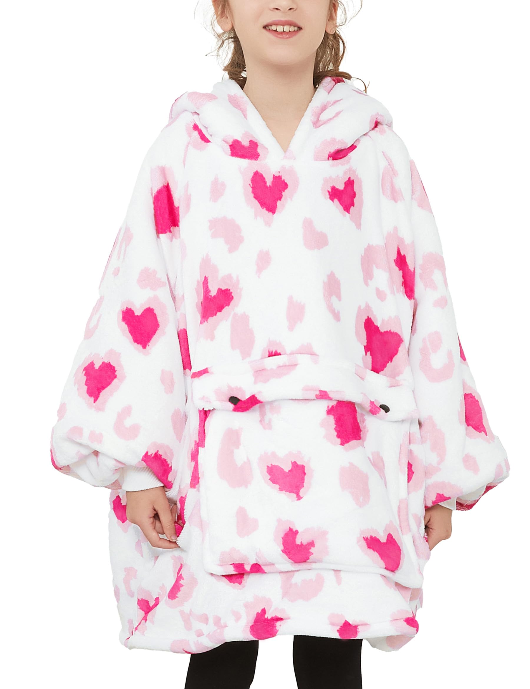 Kfubuo Wearable Blanket Hoodie For Kids Sherpa Patterns Oversized Sweatshirt Blanket With Pocket 6-10 Year Old Girl Boy Valentin