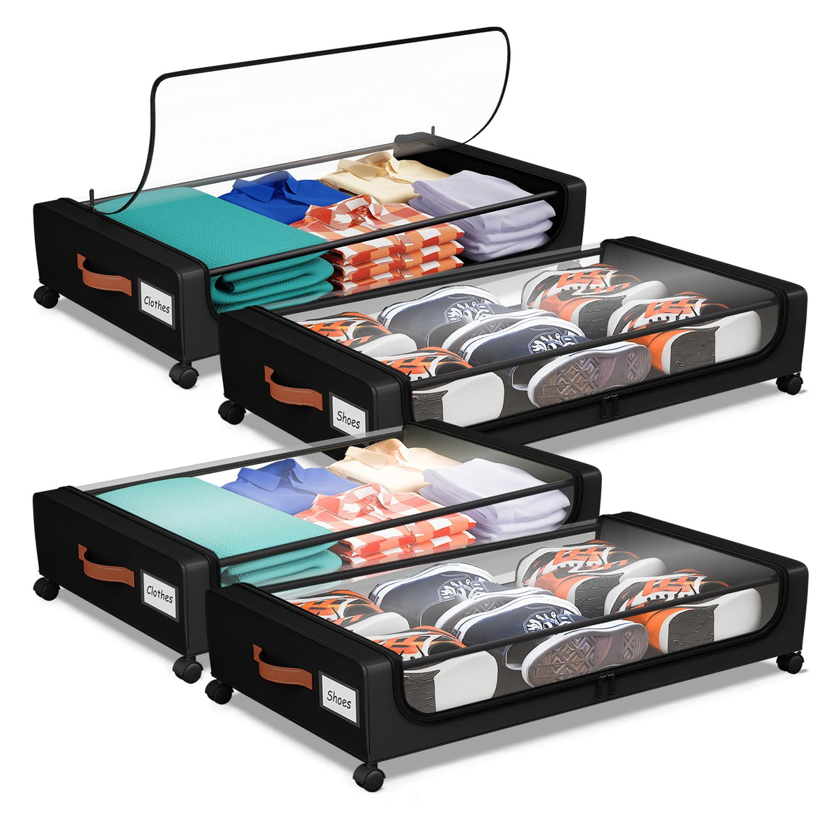 Futego Under Bed Storage with Wheels, UnderBed Storage Containers with Clear Lid and Handles, XXL 60L Under the Bed Storage Bins