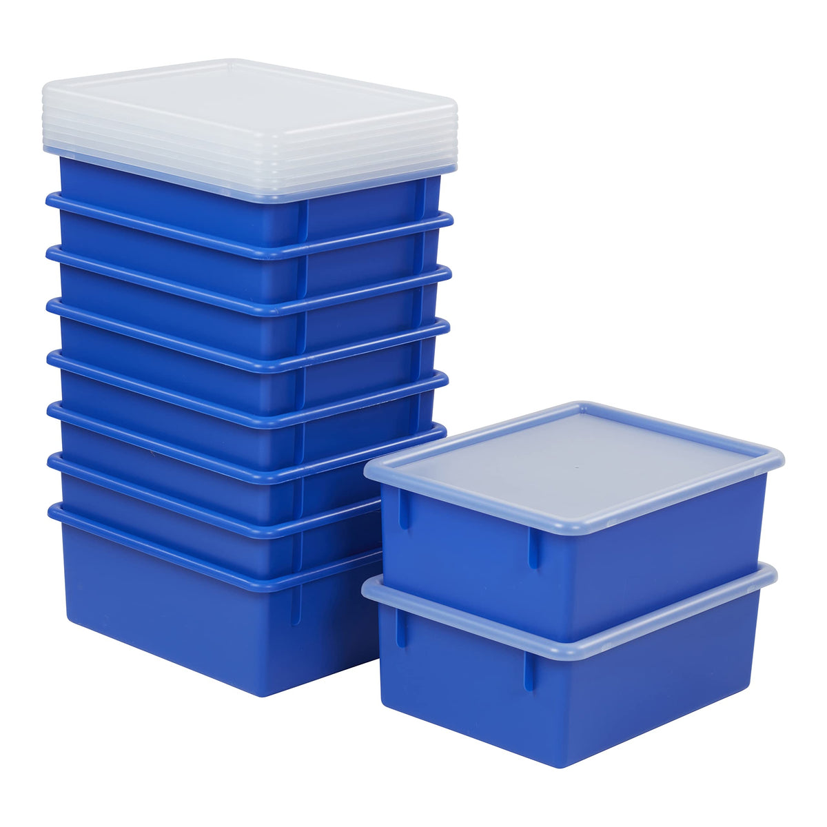 ECR4Kids Letter Size Plastic Tray Organizer with Lids, Large, Storage Bins, Blue, 10Piece