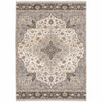 HomeRoots 509372 10 x 13 ft. Ivory & Blue Oriental Power Loom Stain Resistant Rectangle Area Rug with Fringe