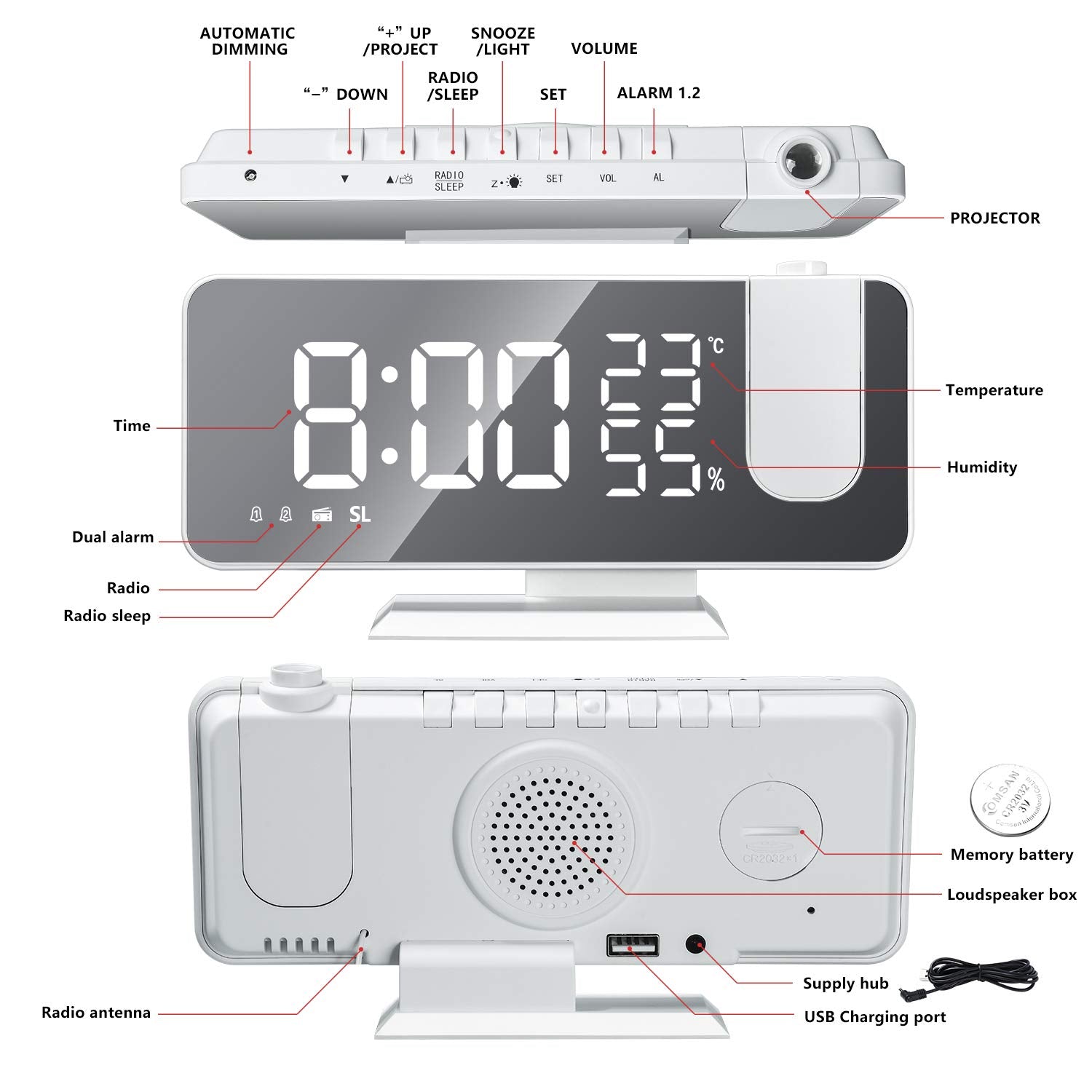 Evilto Projection Alarm Clock For Bedroom Ceiling Digital Clock Radio With Usb Charger Ports, 7.3'' Large Led Screen, 4 Dimmer,