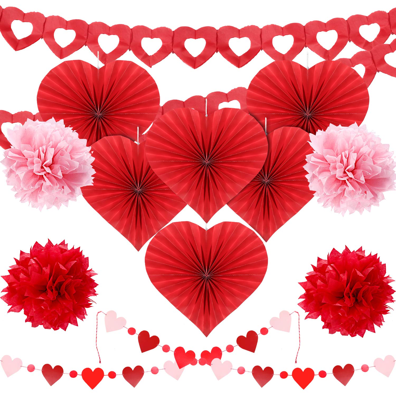 Zhanmai Valentines Day Heart Paper Craft Kit Party Decorations Heart Fans Banner Paper Honeycomb Balls Poms for Wedding Valenti