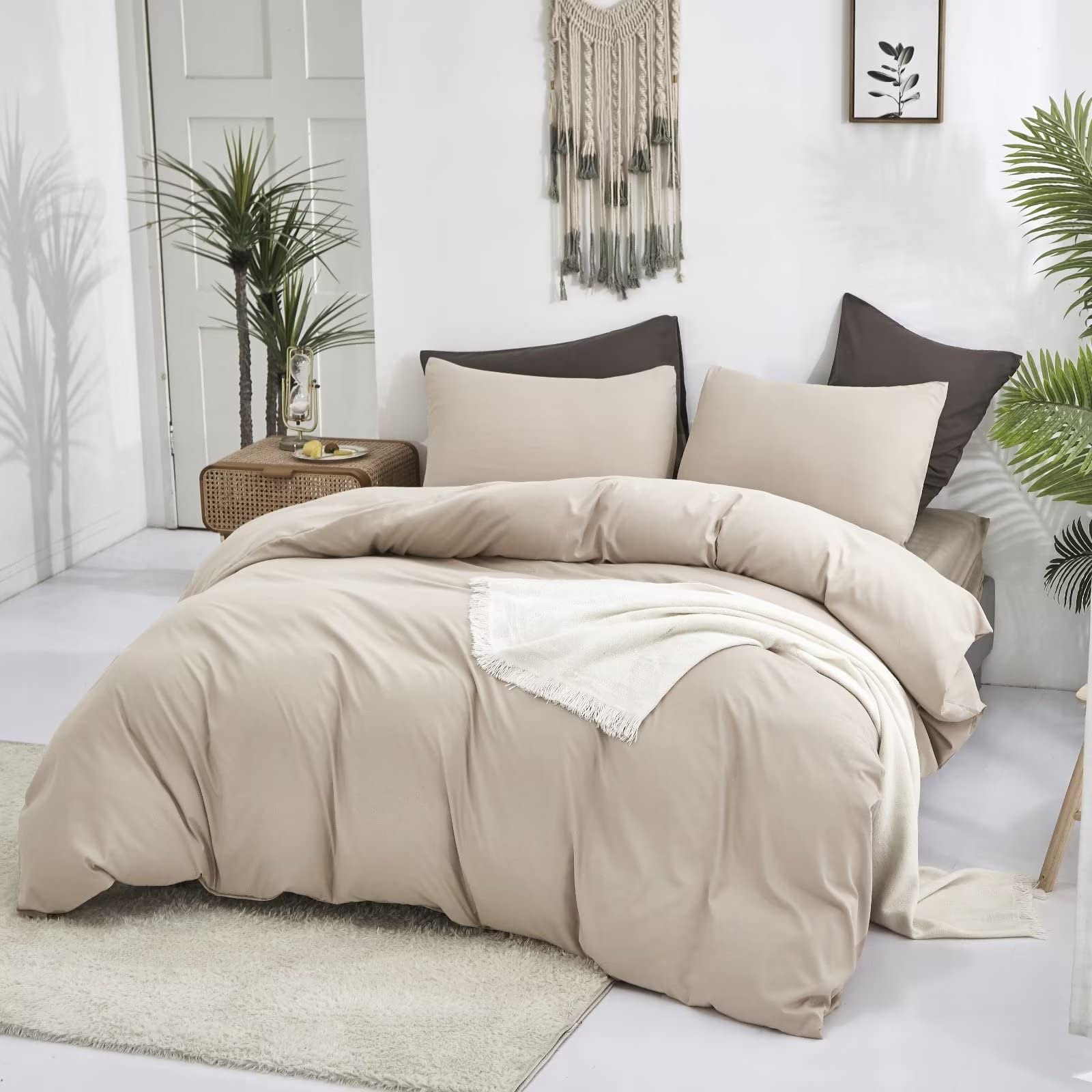 Luxlovery Beige Coffee Comforter Set Full Light Khaki Bedding Comforter Set Cotton Bedding Set Solid Cream Khaki Blanket Quilts