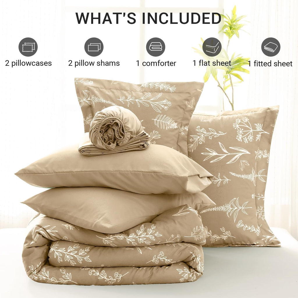 Muxhomo Beige Full Comforter Set, Elegant Floral Print Bed In A Bag 7 Pieces, Ultra Soft & Breathable Reversible Botanical Patte