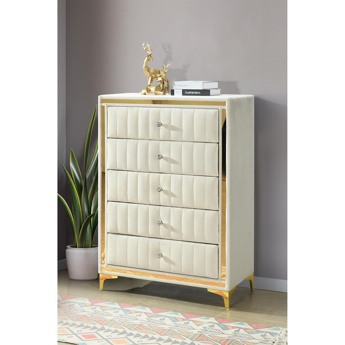 Better Home Products Monique Velvet Upholstered 5-Drawer Chest Dresser With Gold Legs And Gold Trim In Cream - Fully Assembled