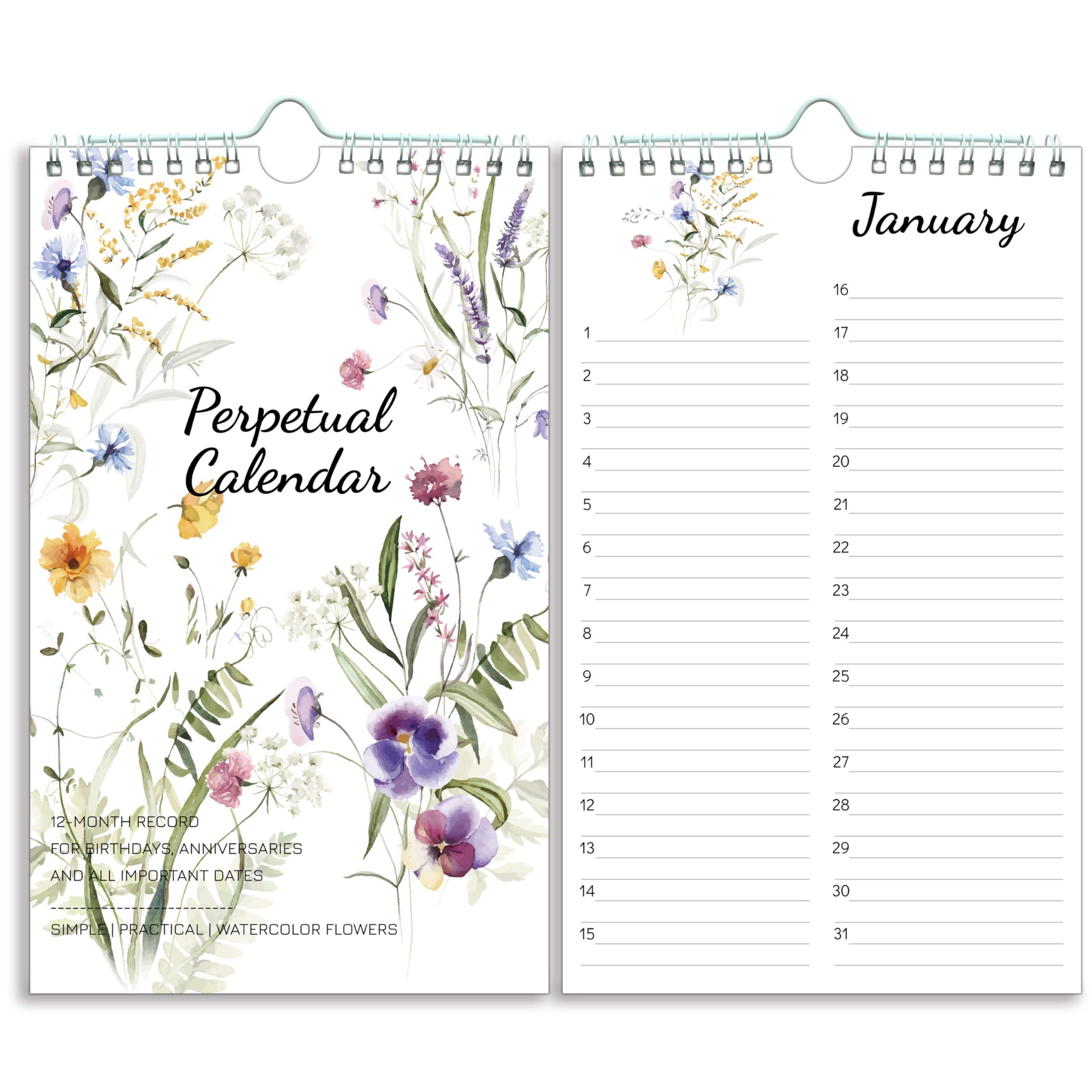 BowCuk Perpetual Calendar - Undated 12-Month Planner, 6'' x 10'', Twin-Wire Binding, Minimalist Flowers Design