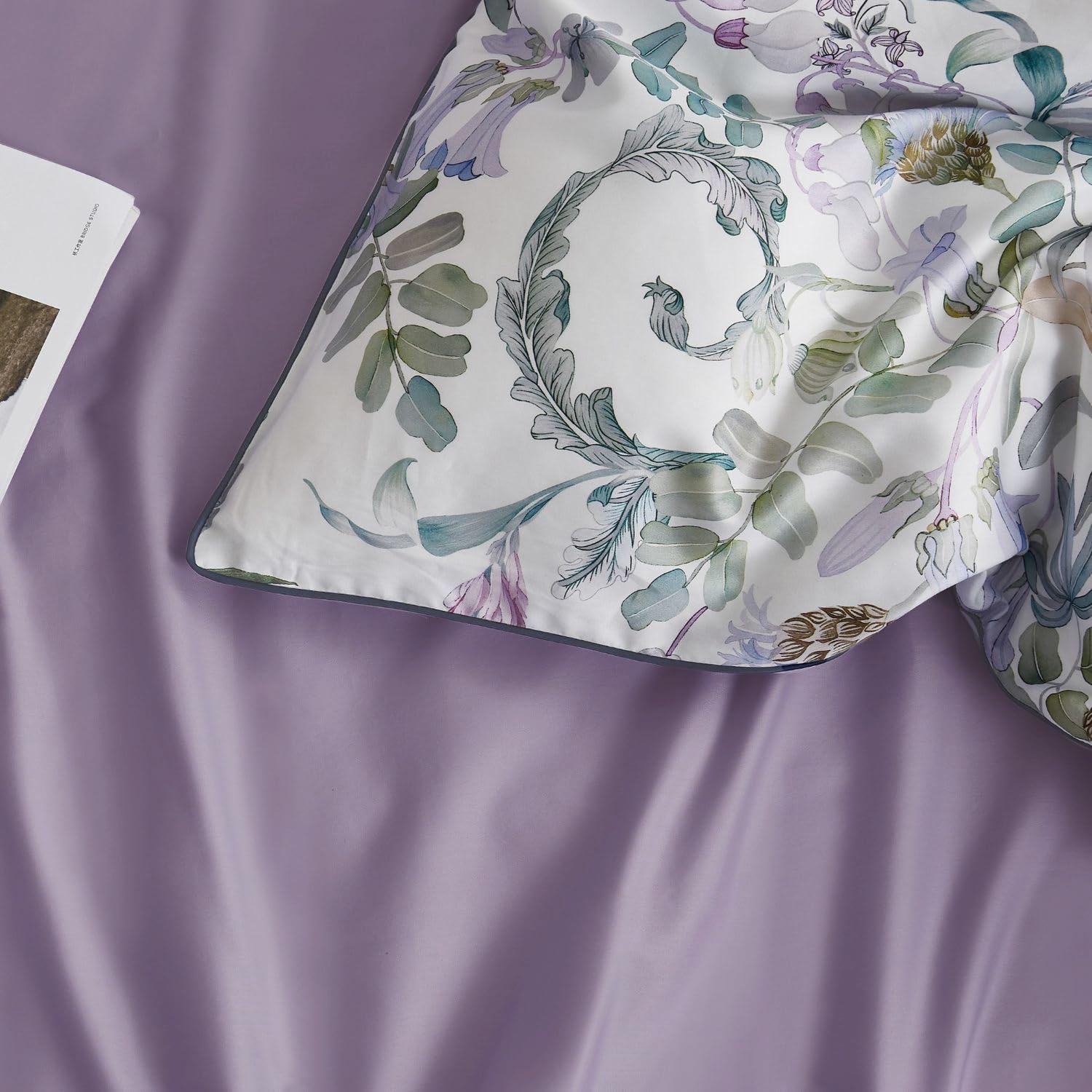 Mixinni Garden Style Purple Floral Printed On White Duvet Cover Queen Size Flower Leaves Pattern Long Staple Cotton Bedding Set