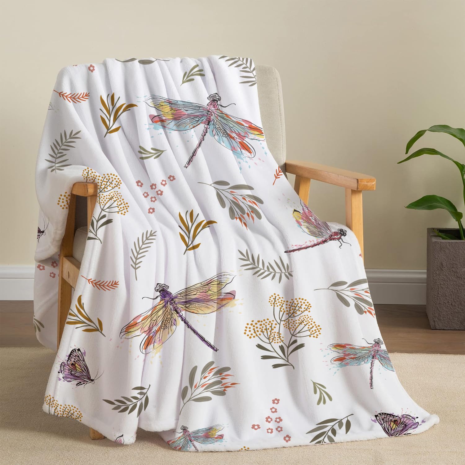 Bestraily Dragonfly Throw Blanket Floral Flower Throw Blanket Botanical Plant Throw Blanket Flannel Fleece Throw Blanket Butterf