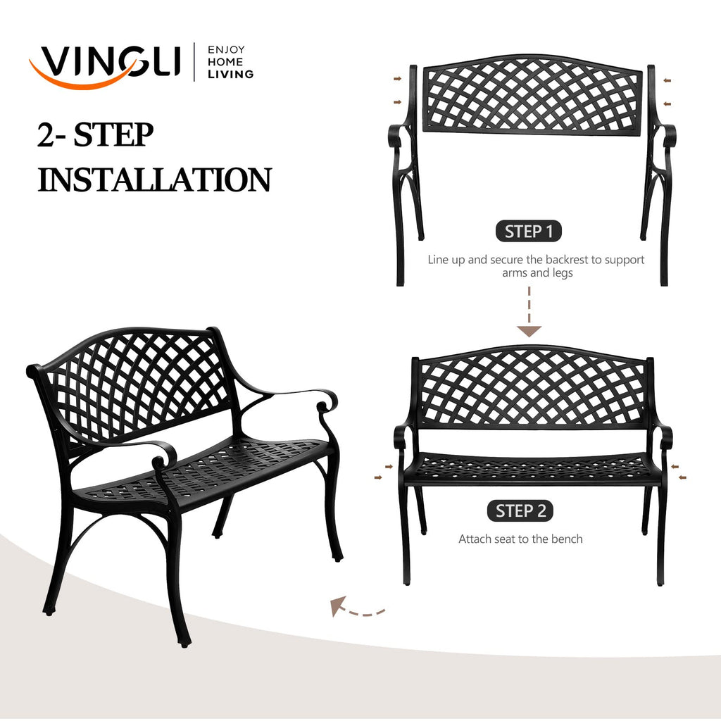 Vingli 40.5' Outdoor Bench Patio Garden Bench, Anti- Rust Cast Aluminum Patio Bench Front Porch Bench For Yard Lawn Entryway Deck, Black