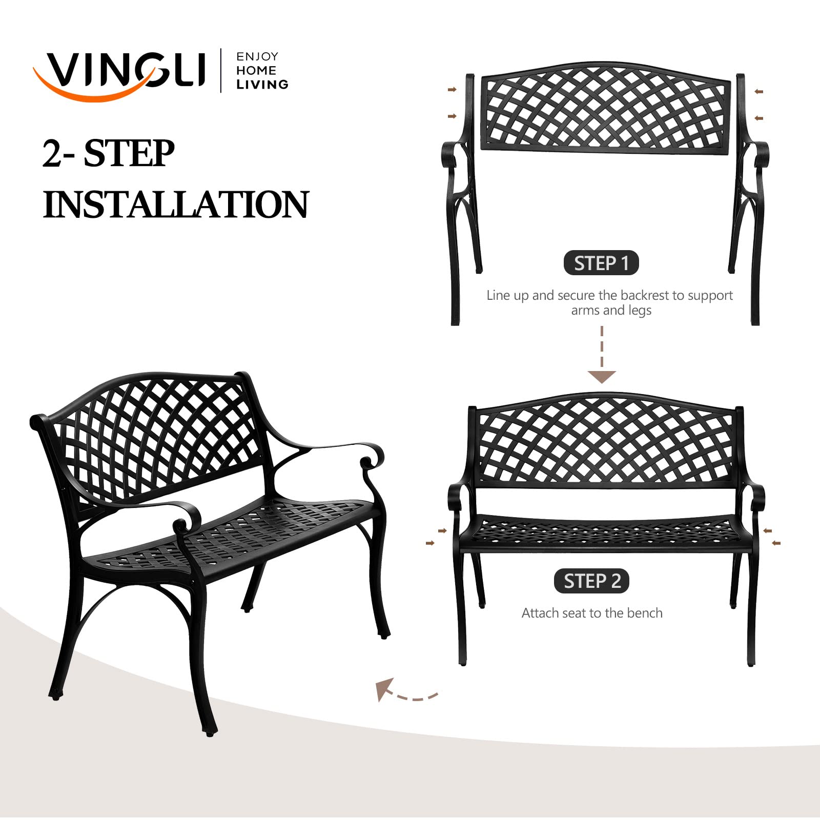 Vingli 40.5' Outdoor Bench Patio Garden Bench, Anti- Rust Cast Aluminum Patio Bench Front Porch Bench For Yard Lawn Entryway Deck, Black