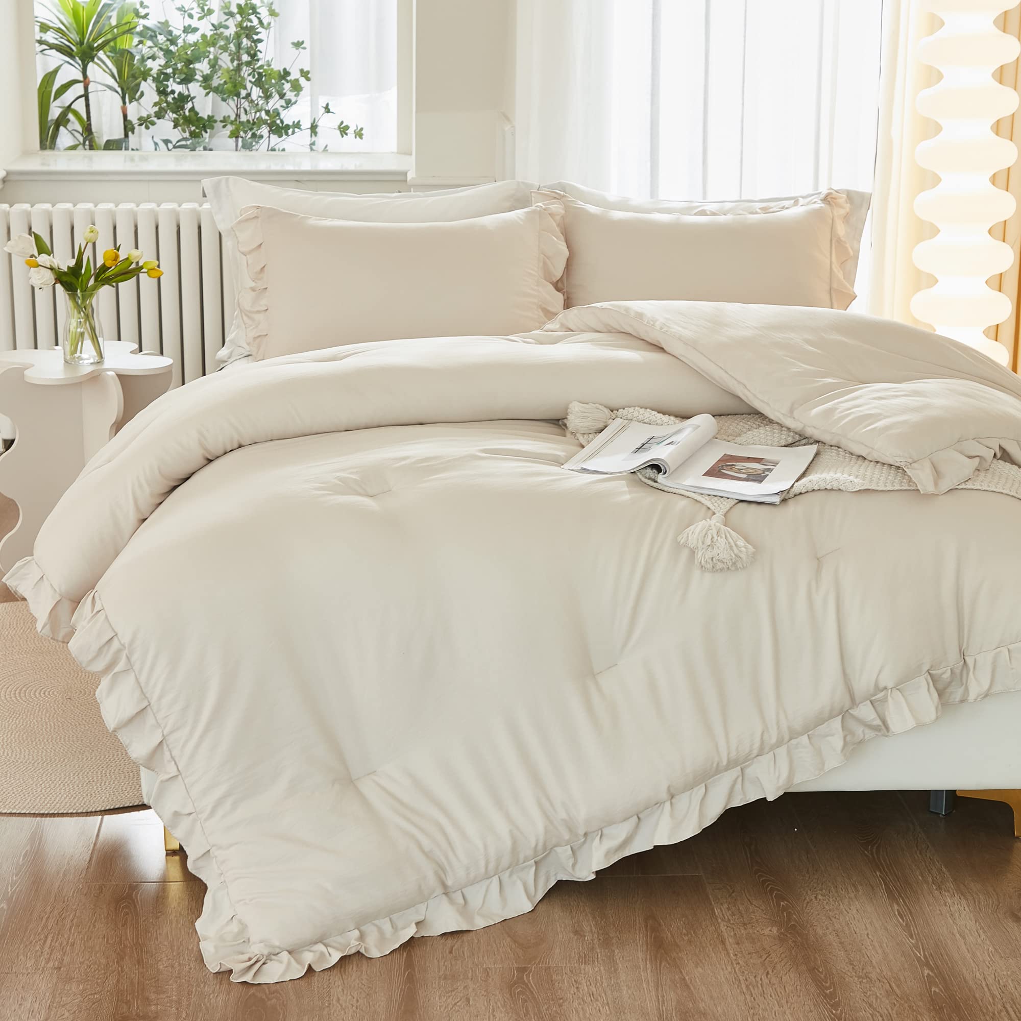 Litanika Queen Comforter Set Beige, 3 Pieces Ruffle Lightweight Bedding Comforter Set, Fluffy Bed Set (90X90In Comforter, 2 Pill