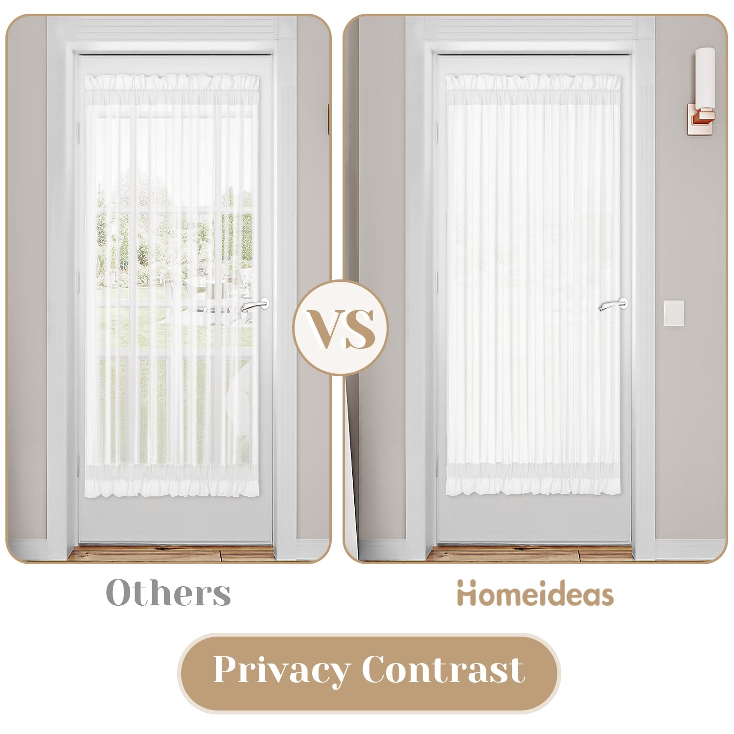 Homeideas Non-See-Through French Door Curtains For Front Door, Privacy Semi Sheer Door Window Curtains, Rod Pocket Light Filtering Door Covering With Tieback, (1 Panel, White, 54W X 72L)