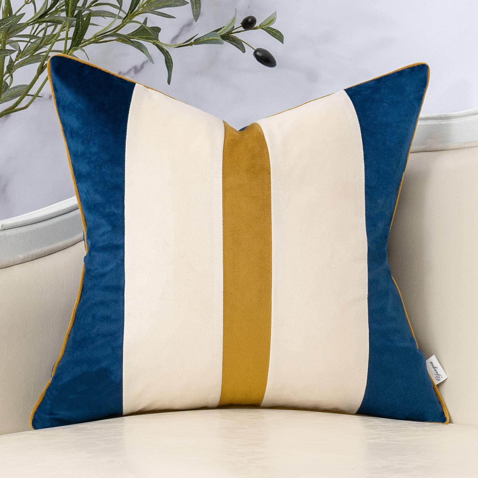 Yangest Navy Blue Patchwork Throw Pillow Cover Striped Velvet Cushion Case Modern Neutral Pillowcase For Sofa Couch Bedroom Livi