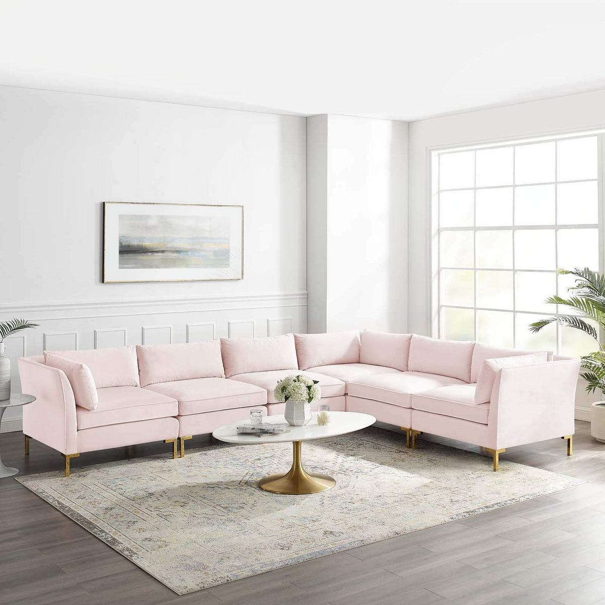 Modway Ardent Performance Velvet Sectional Sofa, 6 Piece L-Shape, Pink