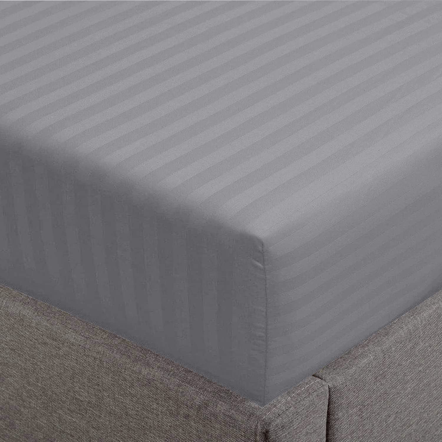 Feather & Stitch 100% Cotton 1 Piece Damask Stripe Full Fitted Sheet 500 Thread Count Grey 18 Inch Extra Deep Pocket Luxury Sateen Weave Stretchable Boxer Elastic Fits Mattress Perfectly