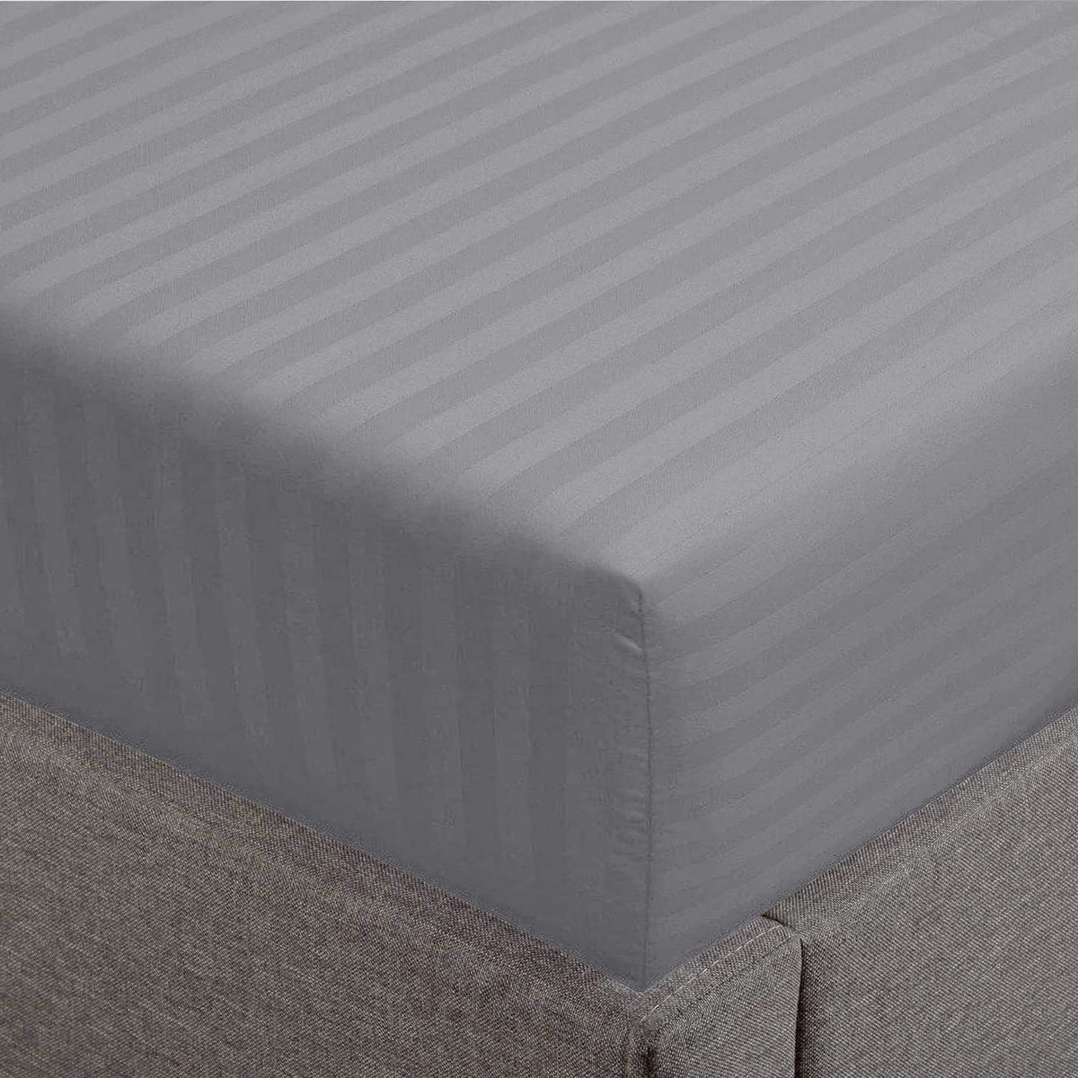 Feather & Stitch 100% Cotton 1 Piece Damask Stripe King Fitted Sheet 500 Thread Count Grey 18 Inch Extra Deep Pocket Luxury Sate