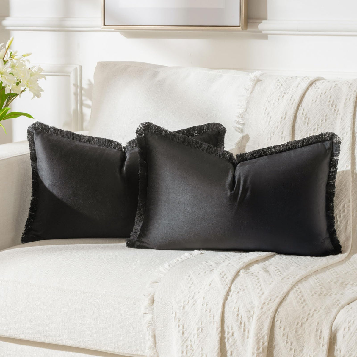 FUTEI Black Boho Throw Pillow Covers with Tassels 12x20 Inch Set of 2,Soft Velvet Lumbar Pillow Cases,Home Decor for Couch Livin