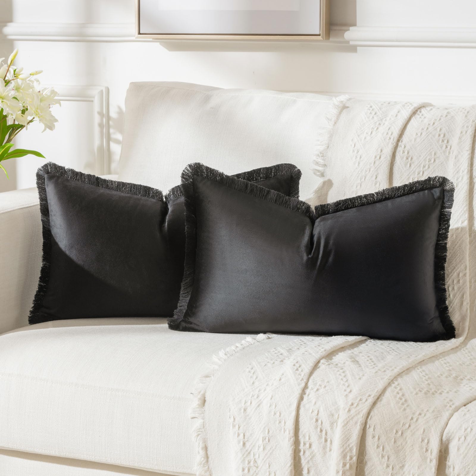 FUTEI Black Boho Throw Pillow Covers with Tassels 12x20 Inch Set of 2,Soft Velvet Lumbar Pillow Cases,Home Decor for Couch Livin