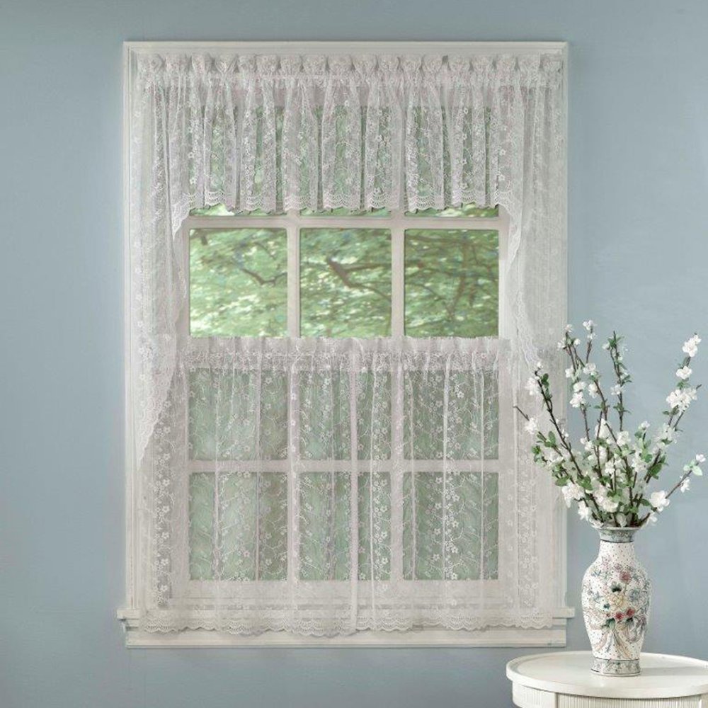 Sweet Home Collection 5 Pc Kitchen Curtain Valance Panels Sheer Rod Pocket Unique Styles And Prints, 24 In Tier Set, Priscilla W