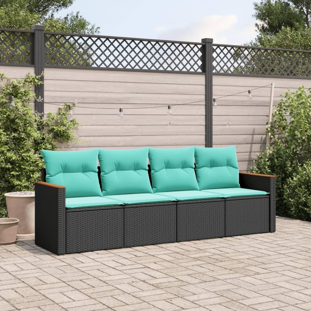 vidaXL Patio Sofa Set with Cushions - 4-Piece Black PE Rattan Outdoor Furniture w/Storage, Washable Covers, Acacia Wood Armrests